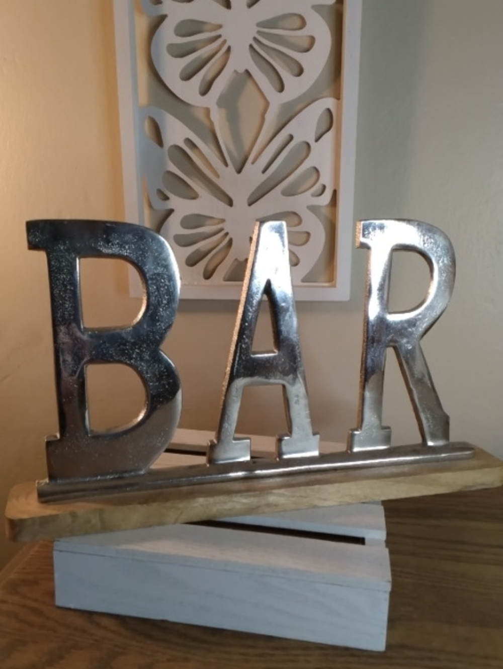 Decorative Silver 'BAR' Letter Sign on Wood Base